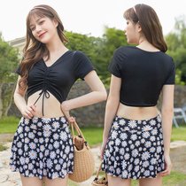 分体泳衣少女韩版泳装新款两件套小清新裙式保守学生温泉泳衣(黑色038830 L（95-105斤）)