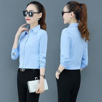 2020秋季蓝色衬衫女长袖修身显瘦打底衫女上衣时尚职业衬衣女(天蓝色 5XL)
