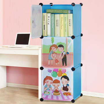 索尔诺卡通书柜儿童书架自由组合收纳柜简易储物置物架柜子(单排3格蓝色)