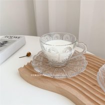 ins风咖啡馆复古浮雕咖啡杯单品拿铁玻璃茶杯套装花茶杯玻璃杯碟(透明杯碟套装 默认版本)