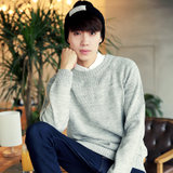 韩版男装 2016秋季新款纯色男式毛衣 贴布外套男式针织衫(浅灰色 XXL)
