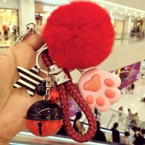 韩国创意可爱毛绒钥匙扣女可爱猫爪獭兔毛球汽车钥匙链挂件女士(精致暗红绳粉猫爪喵星人)