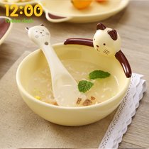 宝宝吃饭碗儿童碗勺套装饭碗卡通碗单个可爱家用辅食碗陶瓷碗餐具(趴趴碗小猫1碗1勺 默认版本)