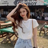 SUNTEK纯色短袖T恤女ins超火2022春季新款韩版网红泫雅打底衫白色上衣潮(均码 白色)