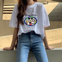 SUNTEK白色短袖t恤女2022早春新款夏季宽松设计感小众打底衫上衣ins(XXXL 【176-200斤】 纯棉短袖【米奇斗鸡眼】)