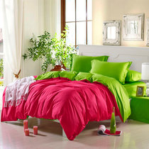 黛丝丹奴全棉纯色双拼四件套素色欧式简约1.8米床男士双人床被套床单4件套(42玫红绿 1米5到1米8床通用)