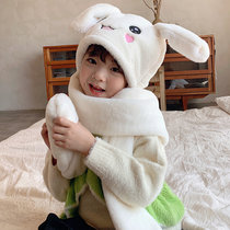 会动的兔耳朵帽子儿童围巾一体秋冬季女童可爱男童2021宝宝保暖帽(5-9岁+一捏耳朵会动 仿兔绒-白色)