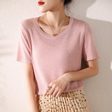 奥伊米 夏季新款冰丝针织短袖上衣女宽松薄款圆领显瘦半袖亮丝t恤(粉红色 S)