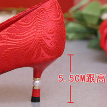 春季女士红色结婚鞋子2017中式秀禾服新娘敬酒红鞋高跟绣花踩堂鞋(37)(红色(5.5cm))