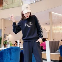 欧货2021年春秋修身休闲时尚卫衣套装女品牌运动两件套潮(黑色【上衣】)