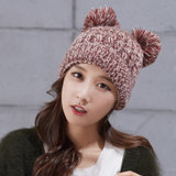 帽子女冬天韩版潮羊毛针织帽米奇可爱毛球毛线帽保暖套头帽677888(酒红色 弹力均码)