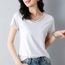 纯棉v领短袖t恤女2022年新款夏季女装修身气质品牌半袖上衣体恤衫(白色 XXL)