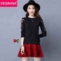 VEGININA 韩版新款纯色袖镂空圆领宽松时尚针织套头毛衣 D6079(黑色 3XL)