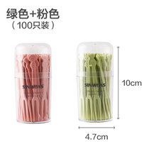 水果叉套装创意可爱一次性卡通小叉子收纳罐欧式家用儿童吃水果签(绿+粉100只（2盒） 默认版本)