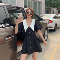 大码梨形身材遮肚减龄v领连衣裙女2021新款胖mm夏装显瘦茶歇裙子(粉红色 XXS)
