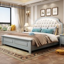 吉木多 小美式实木床 1.8米主卧轻奢欧式双人床现代简约白色软靠1.5m卧室婚床(1.5*2米宝马灰 床+床头柜*1)