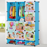 索尔诺卡通衣柜简易儿童组合衣柜环保衣橱婴儿衣物树脂收纳柜B1205(12门2挂带鞋架蓝色)
