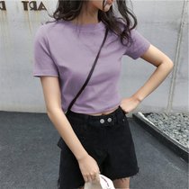 SUNTEK短款T恤女夏装心机小众设计感2022新款韩国学生高腰露脐短袖上衣(L 307#紫色【纯色】)