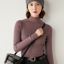 2021秋冬季新款女士半高领针织羊毛衫修身洋气坑条套头毛衣打底衫(紫色 M)