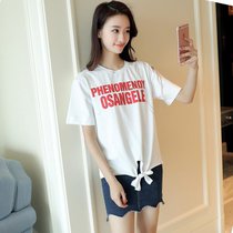 娇维安 夏季韩版女装圆领白色体恤衫 字母印花图案短袖t恤女(红字 XL)