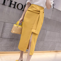 时尚不规则修身半身裙2018夏季新款气质开叉绑带包臀裙(黄色 XL)