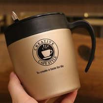 韩版创意不锈钢咖啡杯手柄带盖勺子保温杯简约清新马克杯文艺杯子(金色330ml 商务咖啡杯)