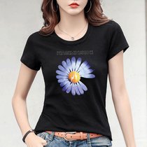 棉 T恤女夏季印花设计感体恤衫修身显瘦上衣韩版女装(紫色雏菊【黑色】 XL)