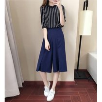 2018新款女装夏装两件套夏季韩版衣服套装阔腿裤裙女潮(黑色+蓝裤)