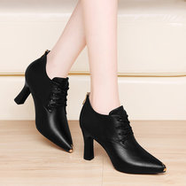 高跟鞋女士细跟软皮黑色皮鞋2022年春季新款女鞋气质尖头深口单鞋(38 黑色/9861(跟高7.4cm))