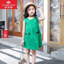 夏季新品女童棉麻连衣裙韩版棉质休闲居家外穿公主裙子(100 绿色)