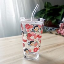ins玻璃杯吸管牛奶杯水杯带把手可爱卡通刻度杯子带盖勺麦片杯子(450ml草莓女孩高杯+PS盖+玻璃吸管)