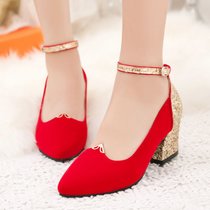 结婚鞋子2017新款夏春季粗跟红色红鞋中式女士中跟孕妇新娘婚礼鞋(37)(金色)