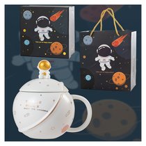创意ins星空宇航员礼物水杯卡通陶瓷马克杯带盖勺家用牛奶咖啡杯kb6(白色星球杯+勺盖(礼盒加袋))