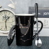 创意个性杯子陶瓷马克杯带盖勺潮流情侣喝水杯家用咖啡杯定制logo(魔羯座+专属勺+盖子（黑）)