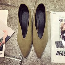 踝靴2017秋季新款短靴细跟高跟女靴子欧美时尚V口尖头鞋性感猫跟(39)(浅绿色绒面)