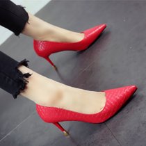 欧美通勤百搭工作鞋女早春新款尖头细跟高跟鞋漆皮显瘦红色单鞋OL(39)(红色)