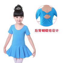 女童舞蹈服装练功服夏幼儿儿童棉短袖蝴蝶结连体服连衣裙演出服(湖蓝-短袖-开裆-后)(140cm(4XL)