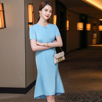 MISS LISA韩版时尚气质圆领高腰中长款连衣裙大码裙子KL908-1(蓝色 5XL)