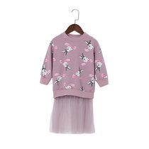 2019春款韩版女童卡通印花卫衣带纱裙假两件(130 粉色)