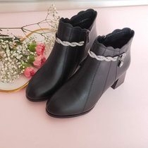 SUNTEK冬季中年妇女妈妈鞋子粗跟50岁女士加绒皮鞋短靴女鞋软底靴子(36 黑色单靴)