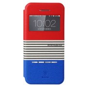 倍思 Apple Iphone5S手机壳 5s韩版撞色条纹 Iphone5s翻盖视窗皮套 红+蓝
