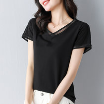 纯棉v领短袖t恤女2022年新款夏季女装修身气质品牌半袖上衣体恤衫(黑色 M)