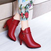 秋冬季尖头欧美纯色女靴子细跟中跟侧拉链短靴防水台女鞋 6142(红色 40)