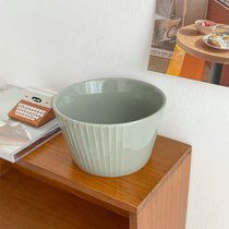 穆尼 日式莫兰迪饭碗早餐燕麦碗墨绿条纹简约沙拉碗陶瓷韩版餐具(4.25寸浅绿碗)