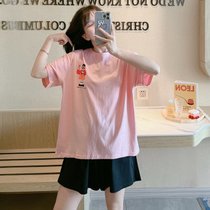 SUNTEK睡衣女夏季短袖短裤韩版清新条纹网红宽松大码休闲家居服套装(粉小女孩黑裤双短)