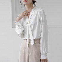 白色衬衫女2022早春装设计感飘带V领上衣职业OL灯笼袖气质雪纺衫(粉红色 XL)