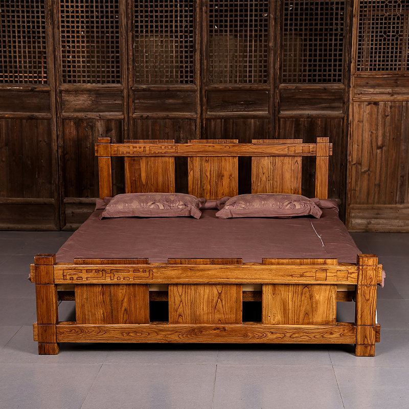溪木工坊 老榆木床 双人床 卧室实木家具 复古怀旧中式大床促销(150*