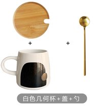 日式手绘咖啡杯陶瓷马克杯水杯女文艺早餐杯创意家用情侣杯子ins(藏青色 白几何杯+盖勺微)