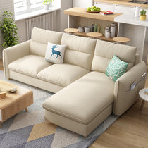 恒兴达 北欧布艺沙发 客厅L型组合简约现代乳胶经济型小户型沙发整装(米色 海棉款（四人位+脚踏）)