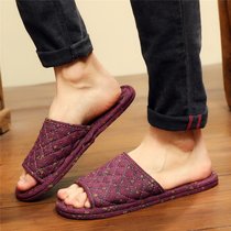SUNTEK亚麻布拖鞋女室内家用棉居家无声布艺布底木地板拖鞋软底静音四季(男小码适合38-39脚 男款009 深酒红)